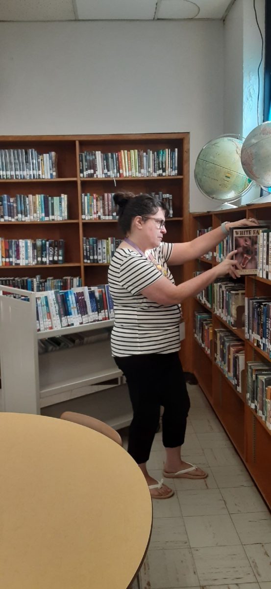 Mrs. Huffstutler organizing books in the library!